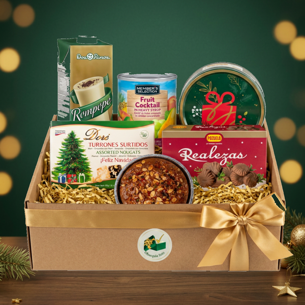Navidad Tradicional en caja de cartón con lazo dorado