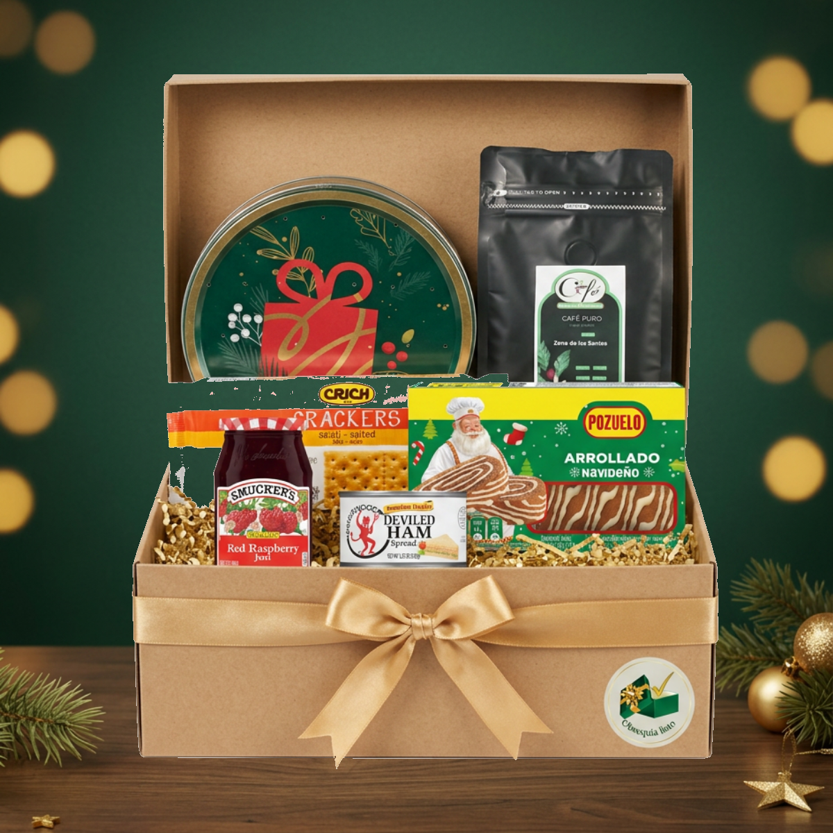 Café & Navidad en caja de cartón con lazo dorado