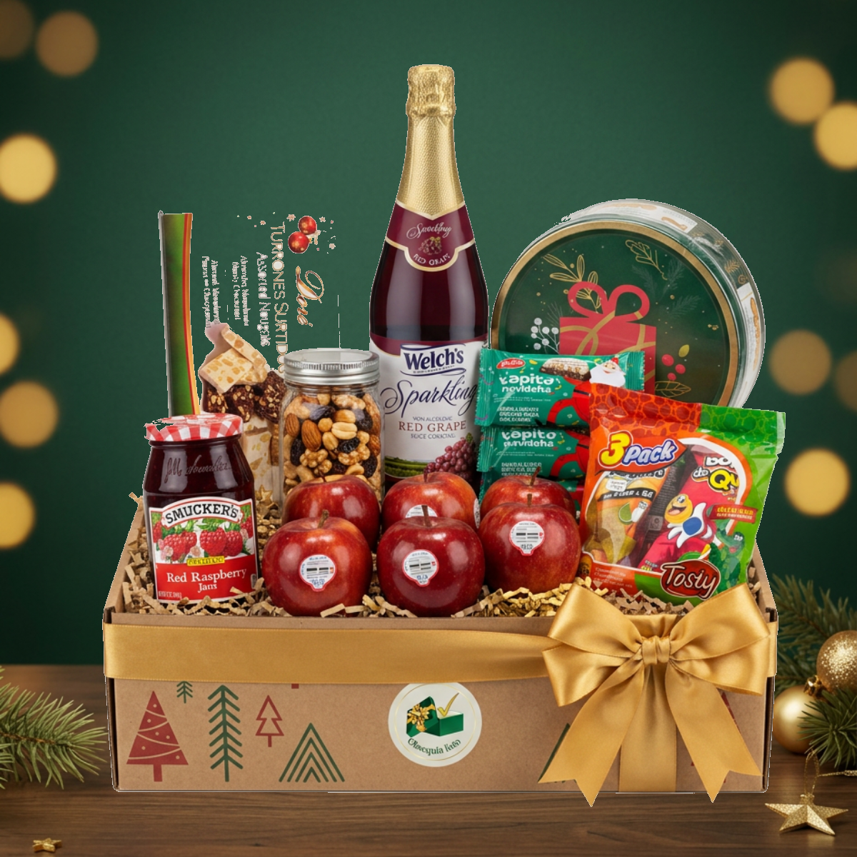 Brillo Navideño en caja de cartón con lazo dorado
