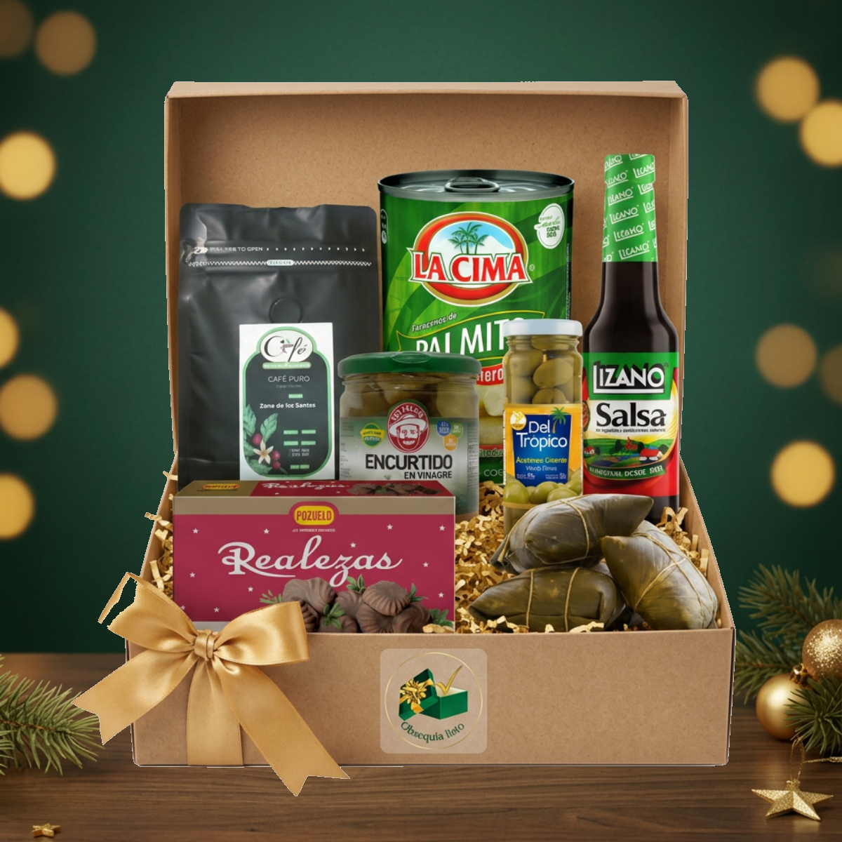 Navidad Tamaleada en caja de cartón con lazo dorado