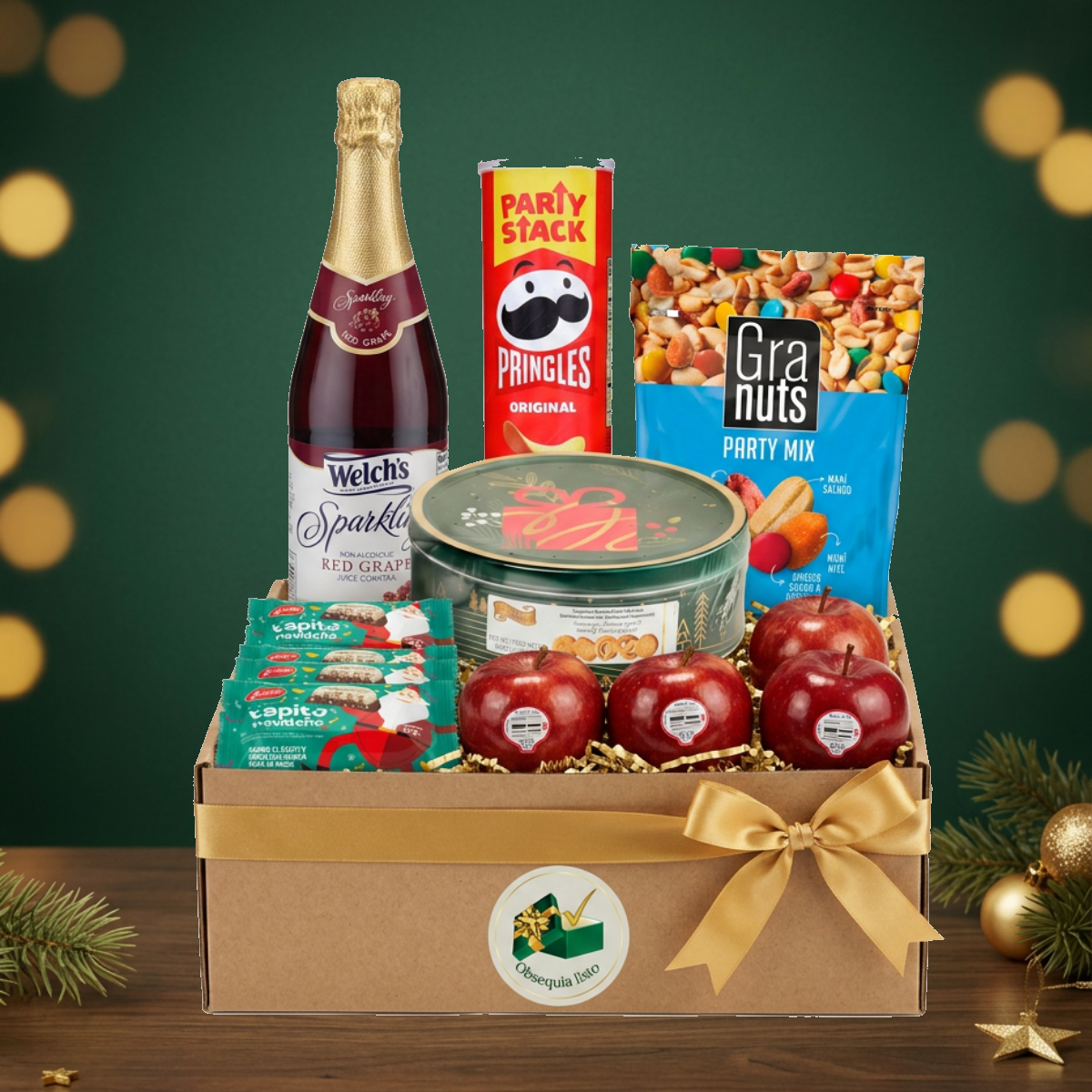 Navidad en Familia en caja de cartón con lazo dorado
