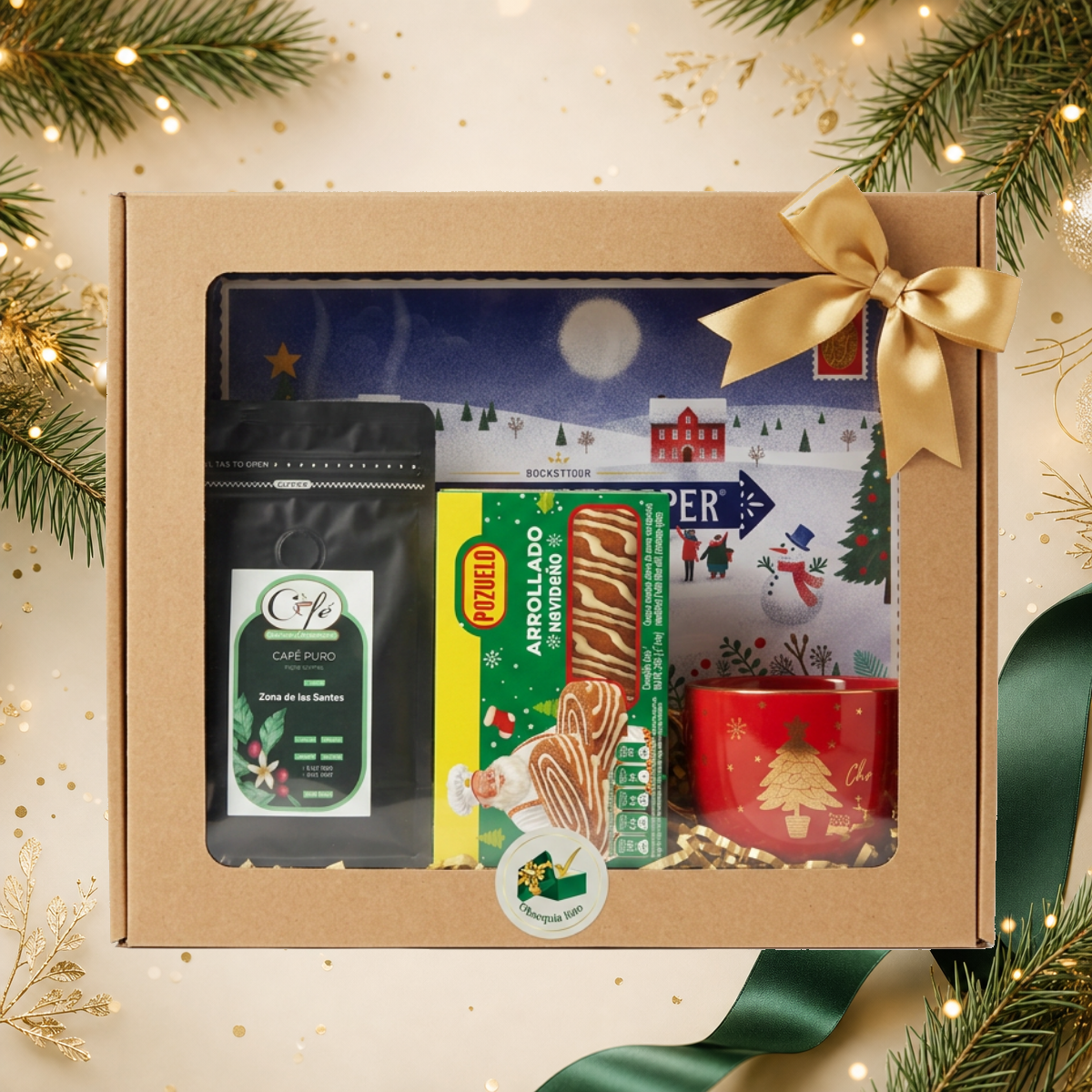 Coffee Christmas en caja de cartón con lazo dorado