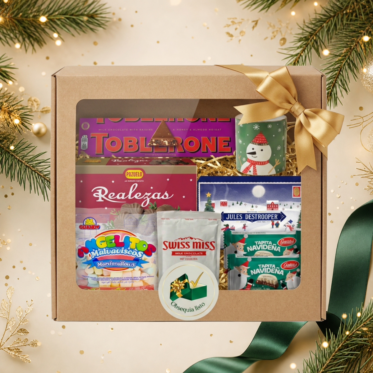 Chocolate & Navidad en caja de cartón con lazo dorado