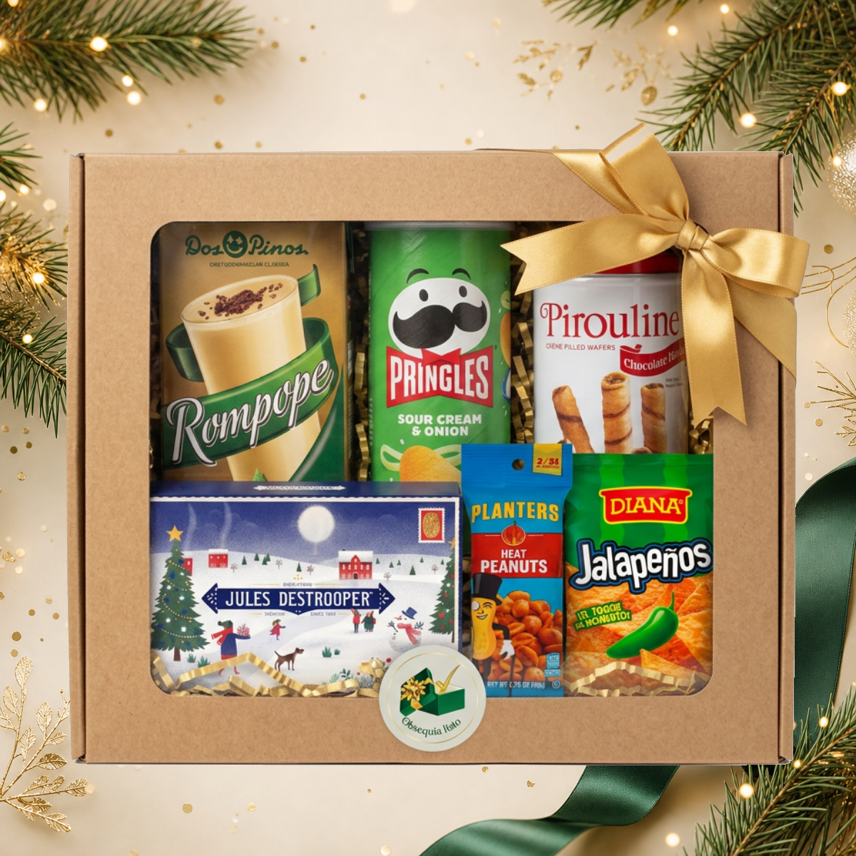 Antojos de Diciembre en caja de cartón con lazo dorado
