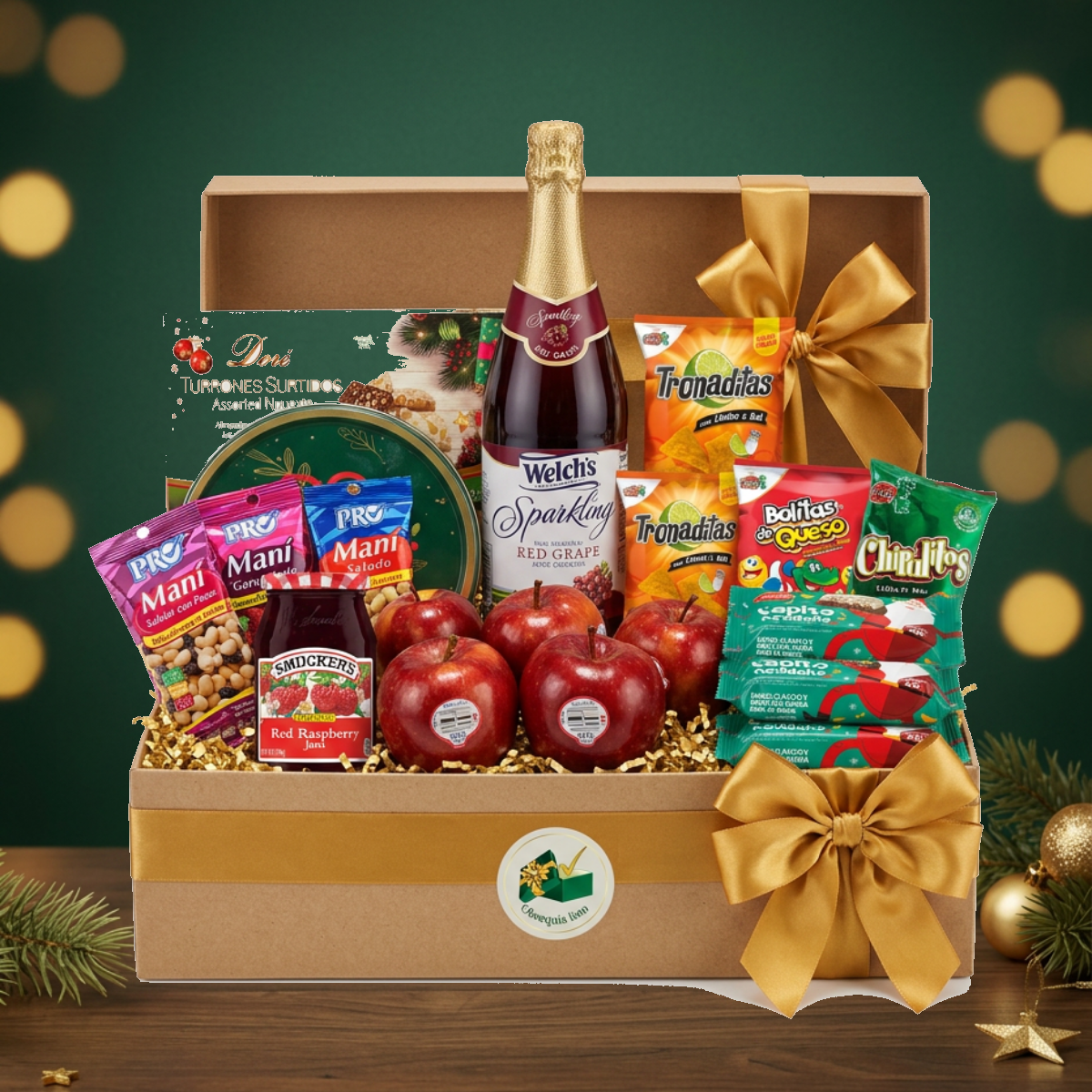 Brillo Navideño en caja de cartón con lazo dorado