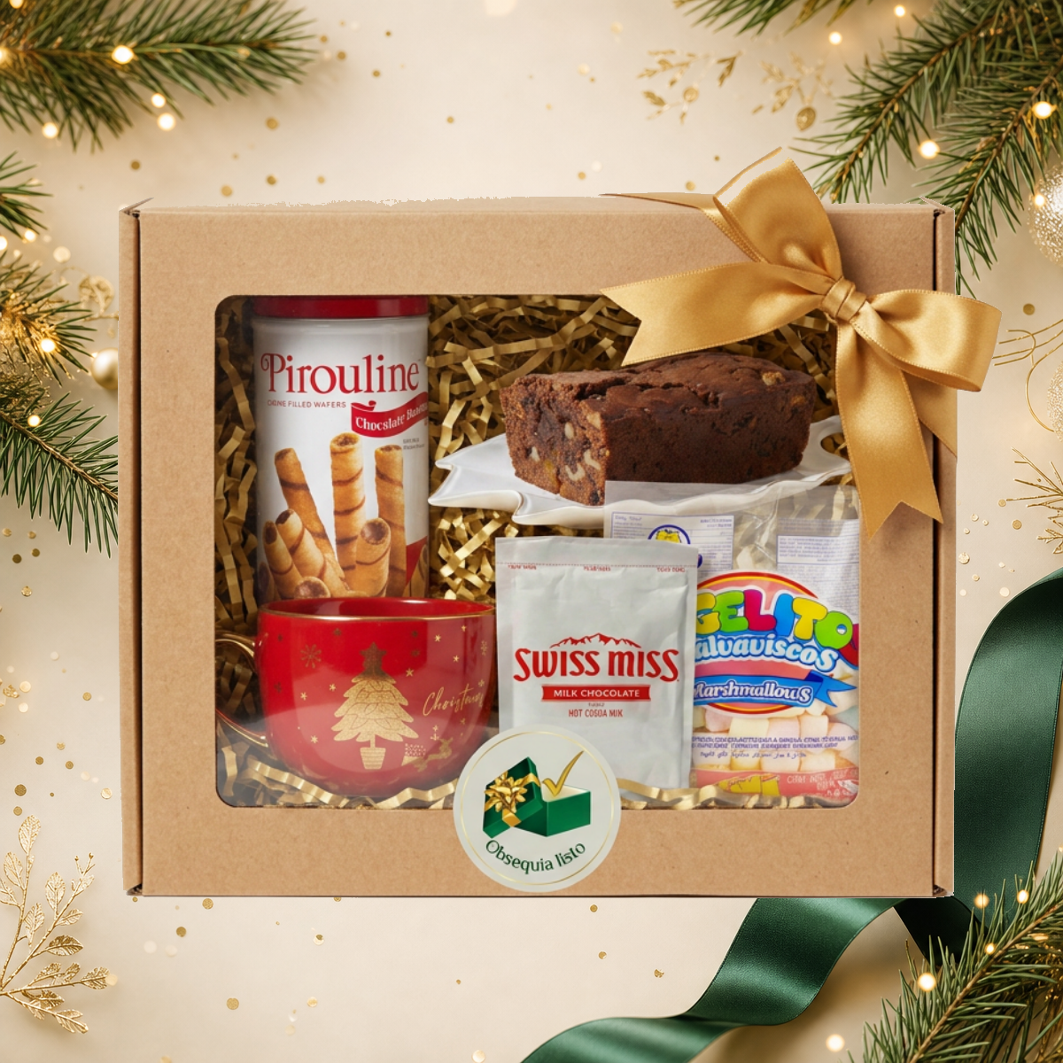 Navidad en Taza en caja de cartón con lazo dorado